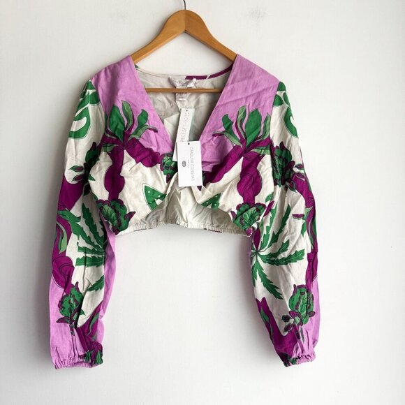 Caroline Constas Purple Green Floral Long Sleev Cropped Top L - Picture 2 of 7